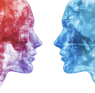 two headshote of two people facing each other