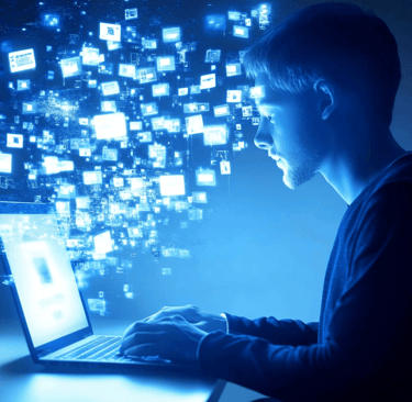 a man sitting at a laptop computer with a laptop on his lap