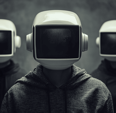 three people wearing helmets and headphones with headphones