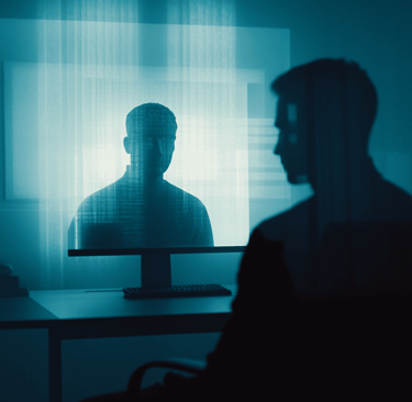 a man in a chair with a computer monitor