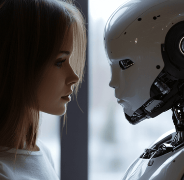 a woman in a white shirt is looking at a robot
