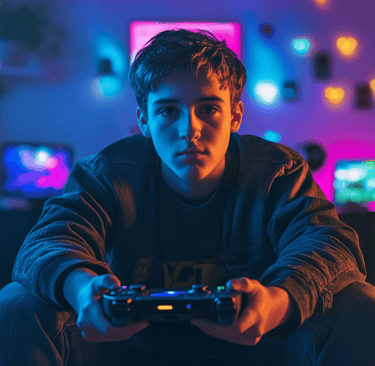 a man sitting on a couch holding a video game controller