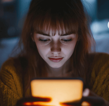a woman in a yellow sweater is looking at her phone