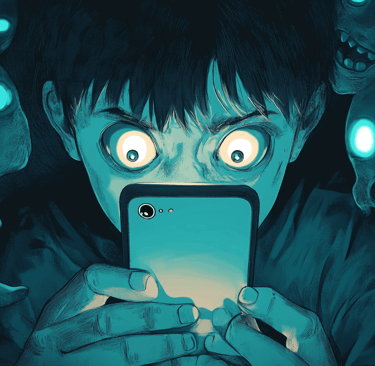 a man with a cell phone in front of a group of zombies