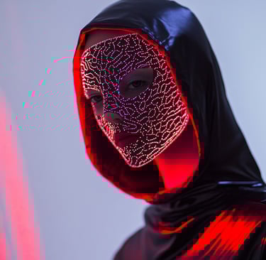 a person in a black hoodie with a red light