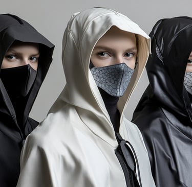 three people wearing masks and black clothing