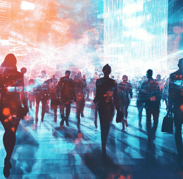 a group of people walking down a city street
