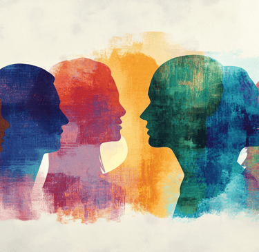 a group of people with different colored heads and faces