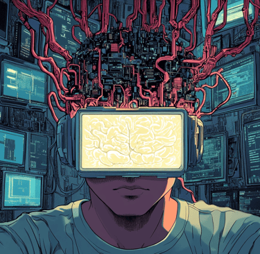 a man with a headphones on his head and a television set up in front