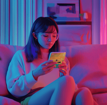 a woman sitting on a couch with a cell phone
