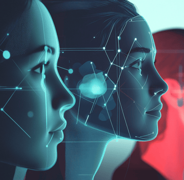 a group of people standing in front of a digital art