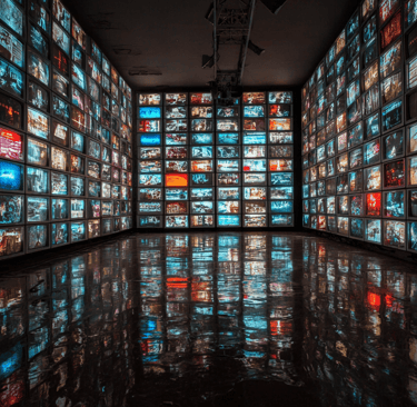 a room with multiple television screens and a large screen