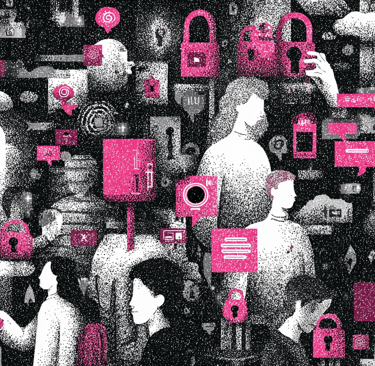 a woman in a pink dress is surrounded by many different types of locks and locks