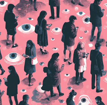 a group of people standing around a pink background