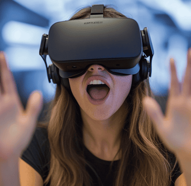 a woman wearing a virtual reality headset