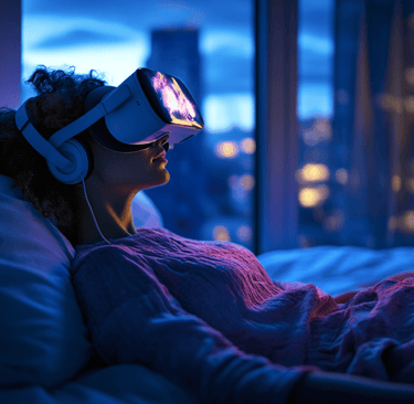 a woman in a bed with a pair of virtual glasses