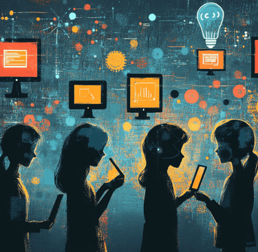 a group of people standing around a wall with many different types of devices