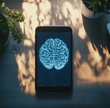 a cell phone with a brain map on it