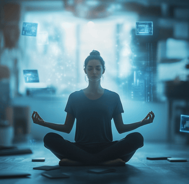 a woman sitting in a yoga pose with laptops and laptops
