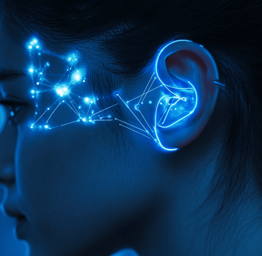 a woman with a blue earpieces and a blue light