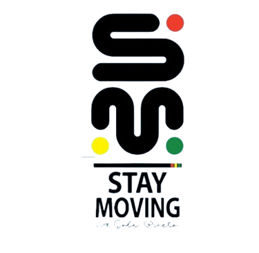the company black and white logo with the words stay moving