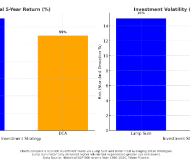 Compares the total 5-Year Return and Volatility of DCA vs Lump Sum Investing