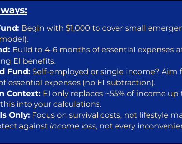 Quick Takeaways on blog about how much emergency fund do you need in Canada