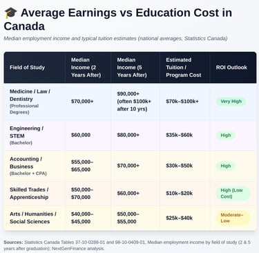 Average earnings by field of study in Canada