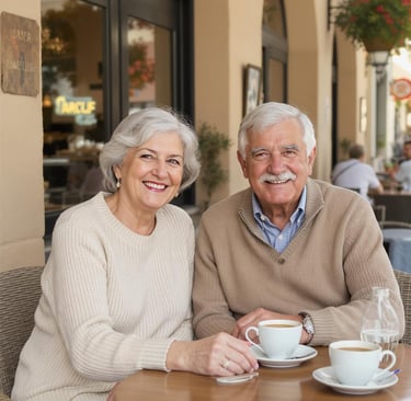 Retired couple having coffee in Europe because they planned their legacy.