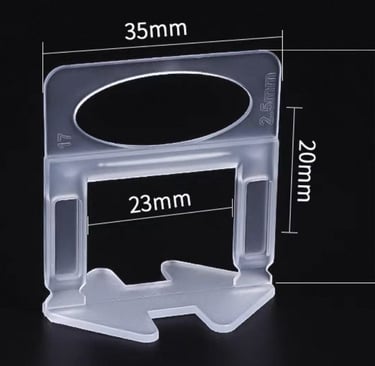 Clear plastic 2.5mm tile leveling system clip showing 35mm and 36mm dimensions on black background.