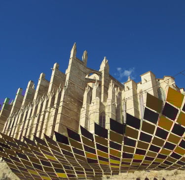 Palma Cathedral taken from beneath the glass shard with brown harlequin squares s is no longer there