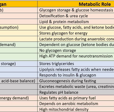 Organ profile with metabolic roles