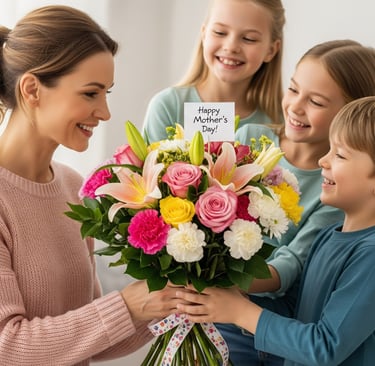 children giving their mum mothers day flowers