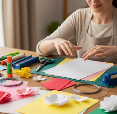 woman at table making paper flowers