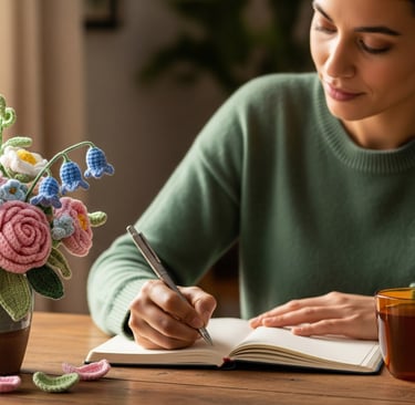 woman writng in book next to crochet bouquet