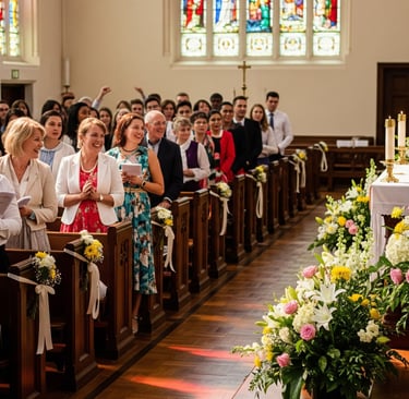 happy church congregation and colorful flowers