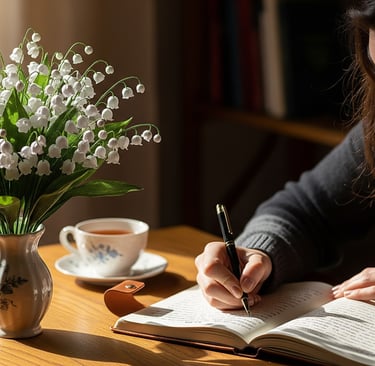 woman writing at desk near paper lily of the valley flowers
