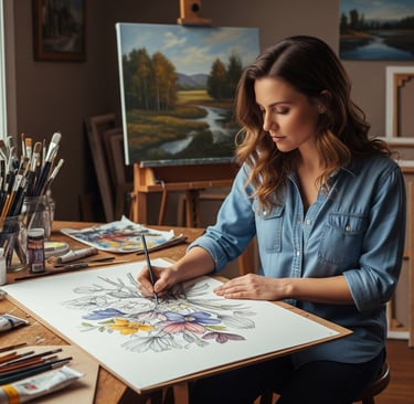 woman in art studio drawing flowers