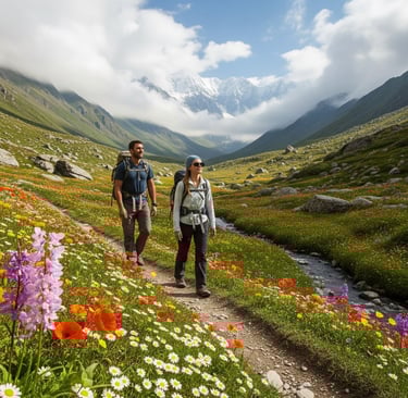woman and man hiking in a valley with flowers in foreground