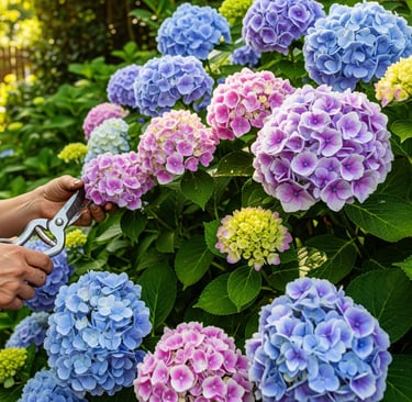 woman trimming large hydrangea in garden
