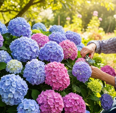 woman gardener clipping big hydrangea