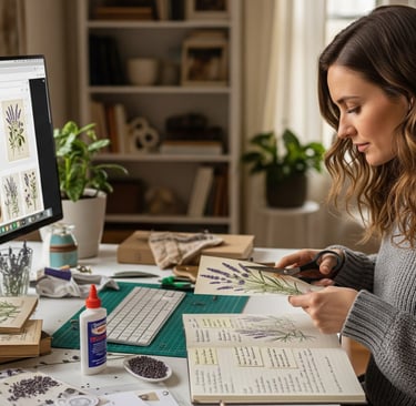 woman collecting lavender flower art and putting in scrapbook
