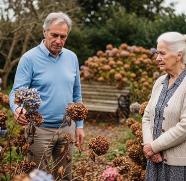older couple in garden looking at wilted hydrangea