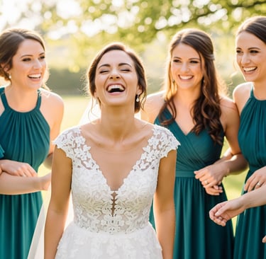bride and bridesmaid laughing at wedding