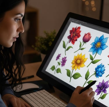 woman sat at computer creating digital flower art