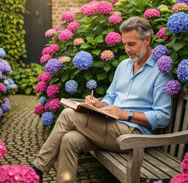 man writing in notebook surrounded by colorful hydrangea
