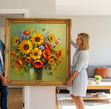 couple moving large flower art painting into home