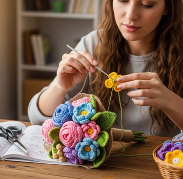 woman sat making crochet flower bouquet