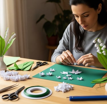 woman at table preparing lily of the valley paper flowers