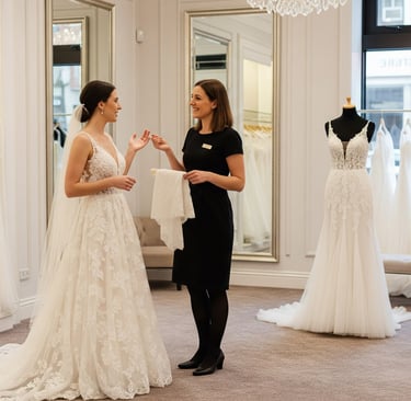 woman wearing wedding gown in bridal store talking to sales assistant